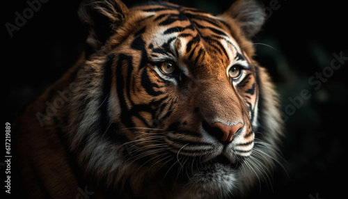 Majestic tiger staring with aggression, its striped fur pattern captivating generated by AI