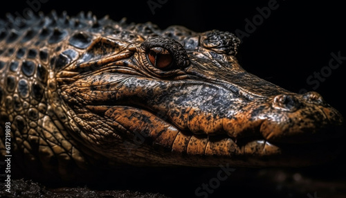 Large crocodile dangerous teeth in close up portrait, outdoors generated by AI