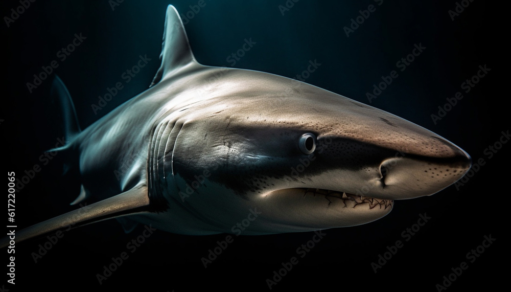 Naklejka premium Majestic dolphin portrait, sharp teeth, underwater, looking at camera generated by AI