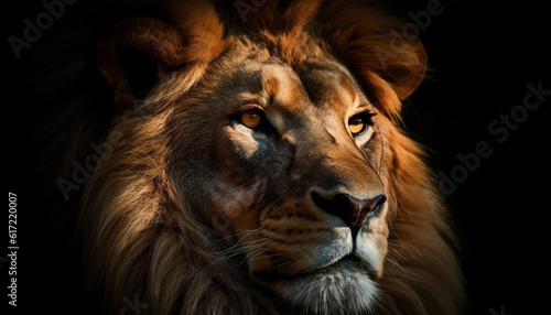 Majestic male lion staring at camera with selective focus foreground generated by AI © djvstock