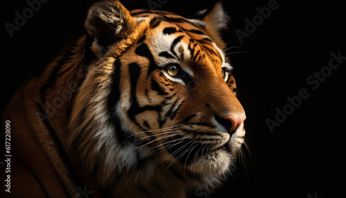 Majestic Bengal tiger staring with aggression, fur and striped pattern generated by AI © djvstock
