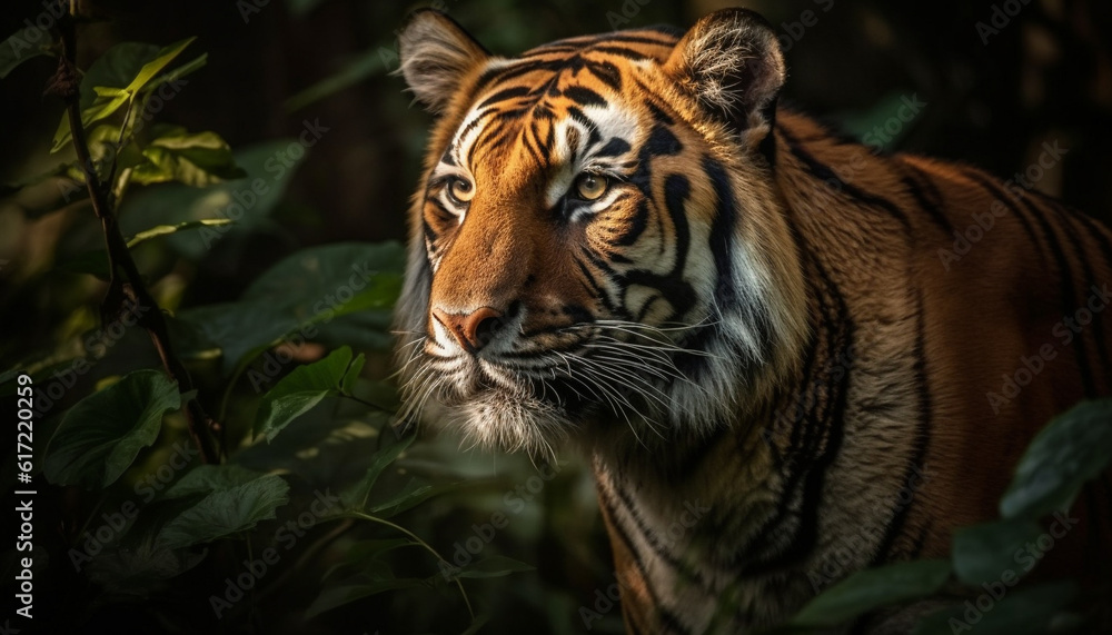 Majestic tiger stares with aggression, a beauty in nature tranquility generated by AI Majestic tiger stares with aggression, a beauty in nature tranquility generated by AI