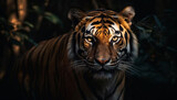 Bengal tiger staring, close up portrait of majestic big cat generated by AI