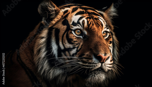 Majestic Bengal tiger staring with aggression, close up portrait in nature generated by AI © djvstock