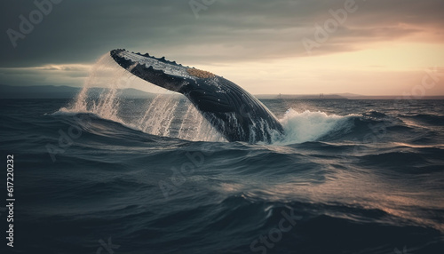 Majestic humpback breaches, dolphin jumps, killer whale watching at sunset generated by AI