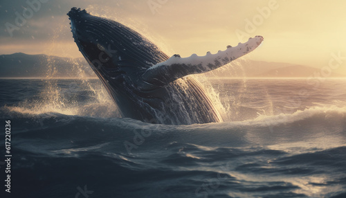 Majestic humpback whale swimming in idyllic tropical waters at dusk generated by AI