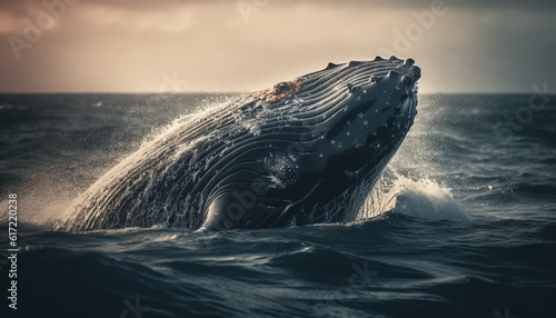 Majestic humpback whale splashing in blue sea, surrounded by dolphins generated by AI © djvstock