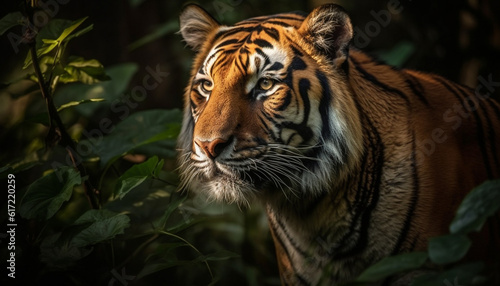 Majestic tiger stares with aggression, a beauty in nature tranquility generated by AI