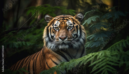 Majestic Bengal tiger staring  walking through tropical rainforest wilderness generated by AI