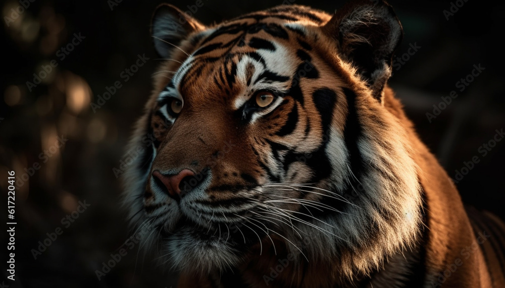 Beautiful Bengal tiger staring fiercely, whiskers twitching in tranquil forest generated by AI Beautiful Bengal tiger staring fiercely, whiskers twitching in tranquil forest generated by AI
