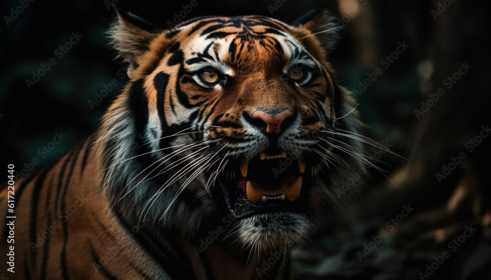 Close up portrait of a majestic Bengal tiger staring fiercely generated by AI