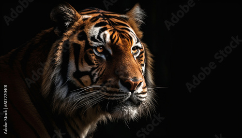 Bengal tiger, close up portrait, looking fierce with powerful strength generated by AI © djvstock