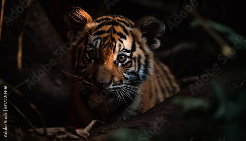 Bengal tiger staring with aggression, beauty in nature tranquility generated by AI