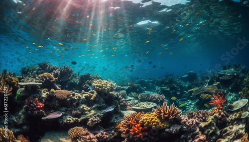 Colorful underwater adventure school of fish, turtle, and coral reef generated by AI © djvstock