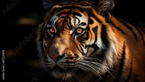 Black jaguar fierce eye stares in tranquil tropical rainforest portrait generated by AI © djvstock