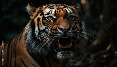 Close up portrait of a majestic Bengal tiger staring fiercely generated by AI