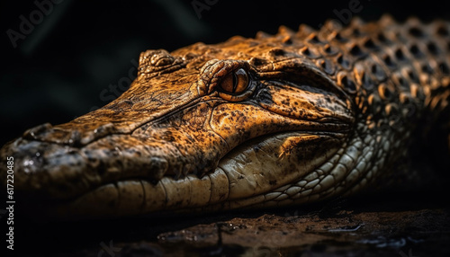 Spectacled caiman resting in swamp, looking at camera with aggression generated by AI