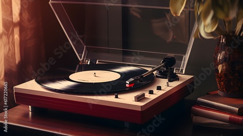 Stylish turntable with vinyl record on a table