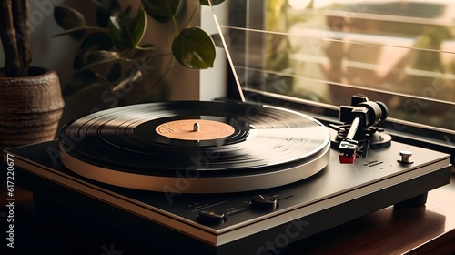 Stylish turntable with vinyl record on a table photo