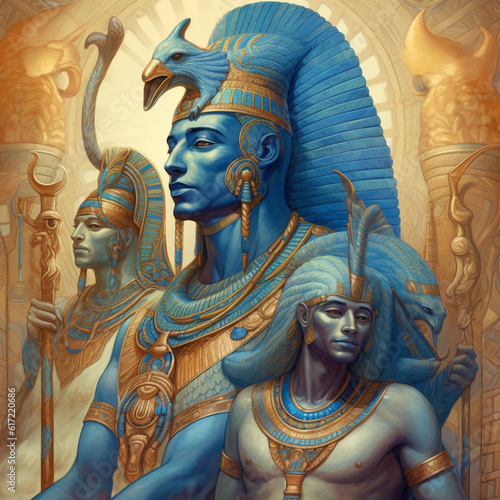 Egyptian gods, deep in thought, reminisce about ancient times, their expressions filled with longing and melancholy, rendered in a photorealistic style.