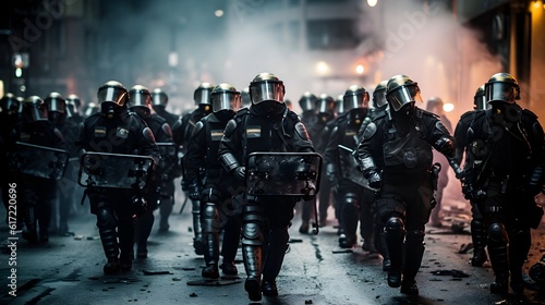 Riot police marching during demonstrations