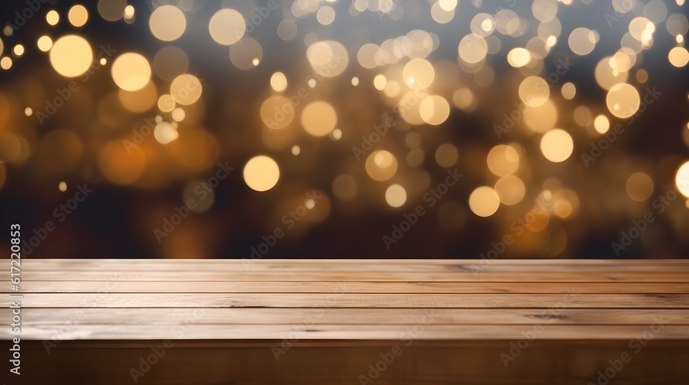 Empty wooden table top with bokeh lights, blurred background
