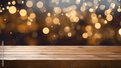 Empty wooden table top with bokeh lights  blurred background