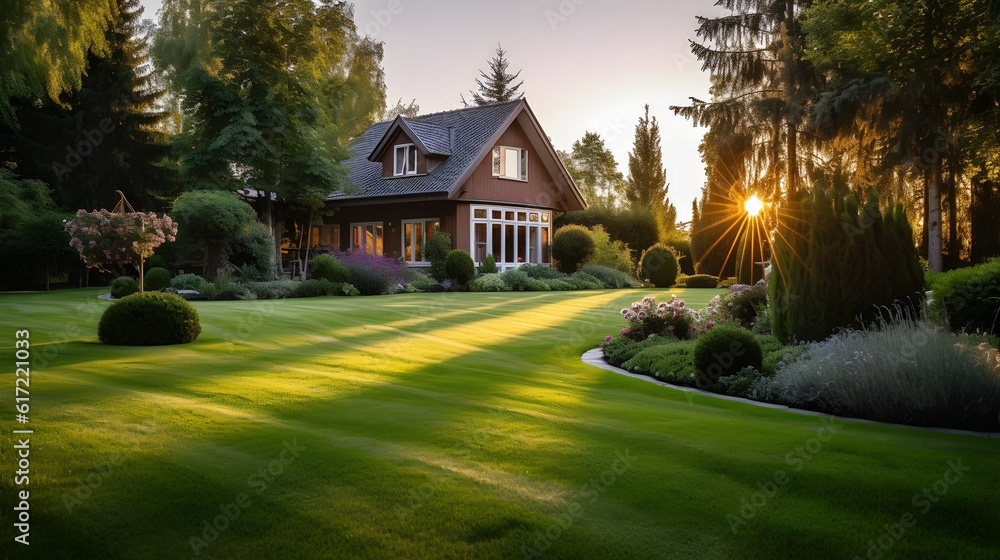 A house situated on a private plot with a well-maintained lawn, set against a beautiful, warm sunset backdrop A house situated on a private plot with a well-maintained lawn, set against a beautiful, warm sunset backdrop