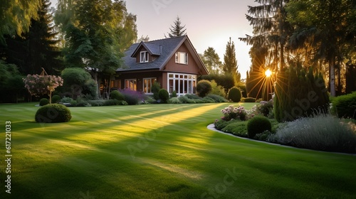 A house situated on a private plot with a well-maintained lawn, set against a beautiful, warm sunset backdrop