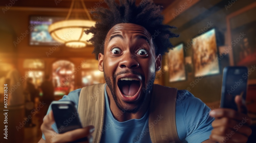 Excited young black man holding a smartphone Worried about making sports bets on his favorite football team? Emotions of success come true when a soccer team scores the winning goal. Excited young black man holding a smartphone Worried about making sports bets on his favorite football team? Emotions of success come true when a soccer team scores the winning goal.