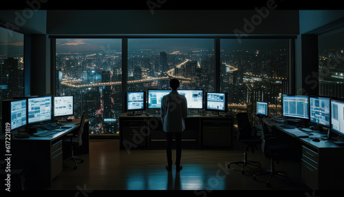 a trader looking at stock market screens in the city