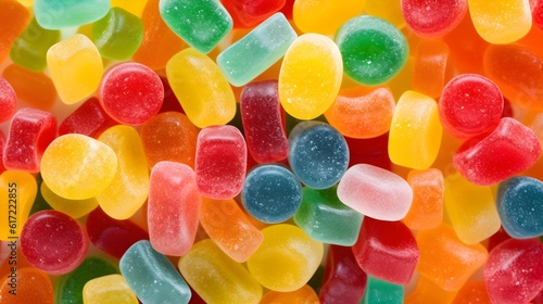 Assorted gummy candies. Top view. Candy background.