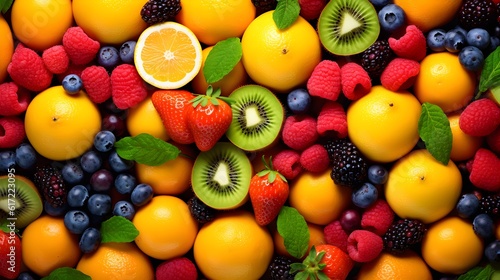 Assortment of vibrant and colorful fruit, strawberries, raspberries, kiwis, lemons, blueberries
