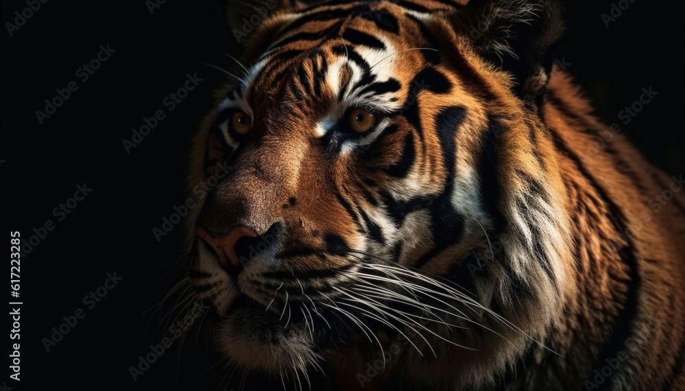 Fototapeta premium Majestic Bengal tiger staring with aggression, beauty in nature tranquility generated by AI
