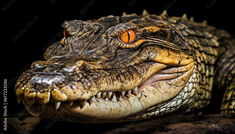Fototapeta premium Furious alligator open mouth shows teeth in portrait generated by AI