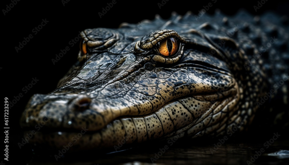 Spotted reptile with large teeth, looking at camera in pond generated by AI Spotted reptile with large teeth, looking at camera in pond generated by AI