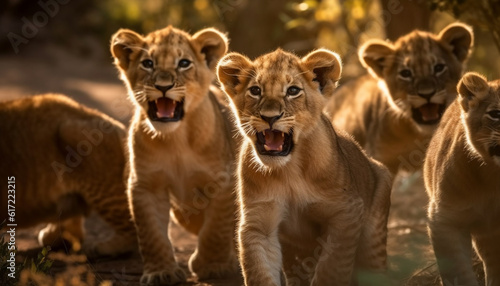 Yellow sunset on savannah  lion family yawns  teeth in focus generated by AI