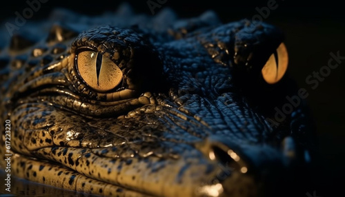 Endangered crocodile teeth in close up portrait  looking spooky at night generated by AI