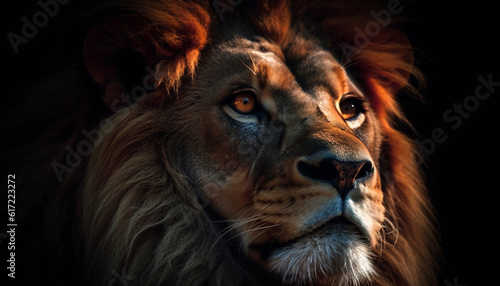 Majestic lion staring with selective focus  beauty in nature portrait generated by AI