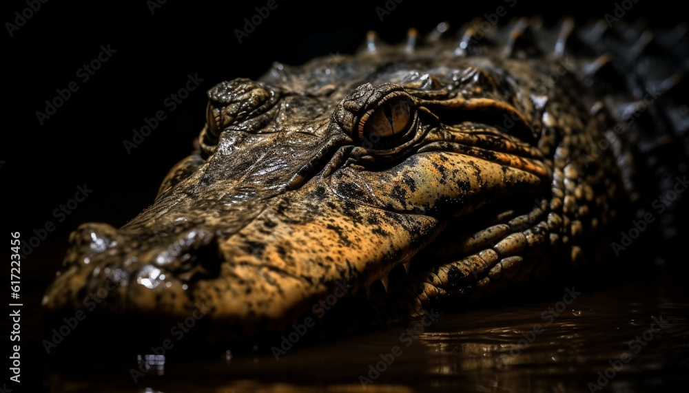 Endangered Nile crocodile teeth in focus, close up of animal head generated by AI