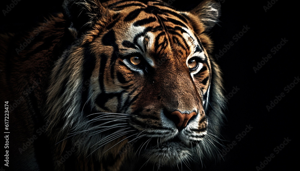 Majestic Bengal tiger staring with aggression in the wild generated by AI Majestic Bengal tiger staring with aggression in the wild generated by AI