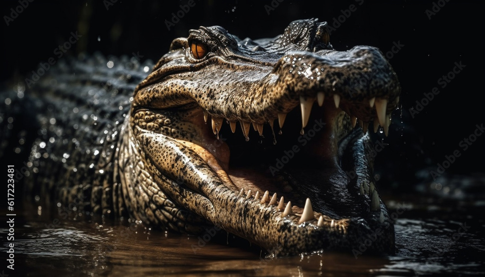 Obraz premium Crocodile teeth show aggression in the wet tropical climate generated by AI