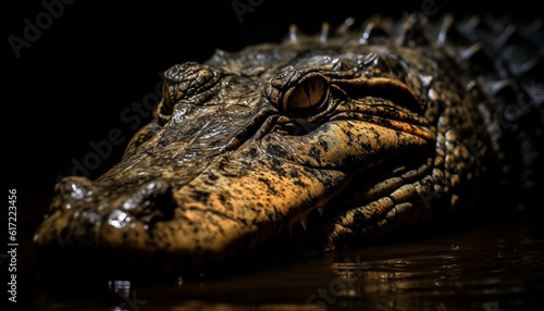Endangered Nile crocodile teeth in focus, close up of animal head generated by AI