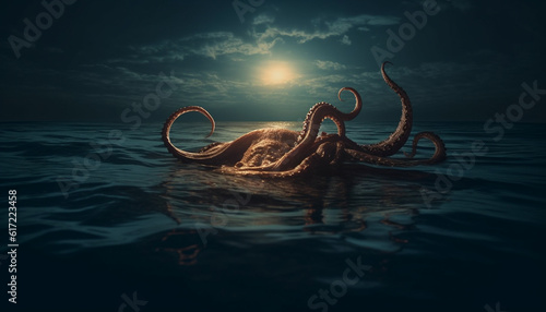 Deep underwater mystery a spooky seascape with dangerous tentacles generated by AI