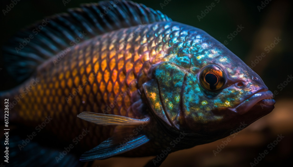 Multi colored reef fish swim in tropical blue saltwater sea generated by AI Multi colored reef fish swim in tropical blue saltwater sea generated by AI