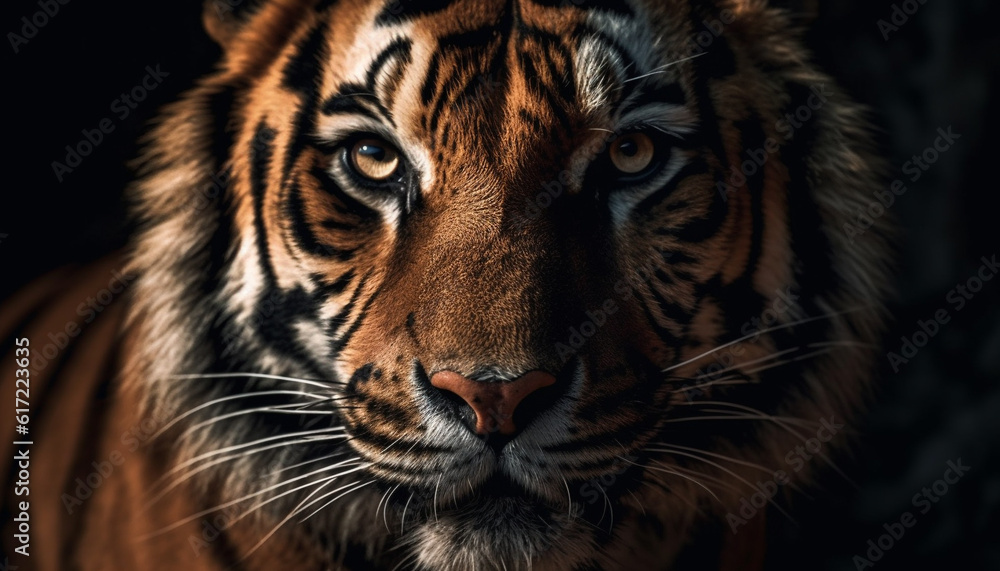 Close up portrait of majestic Bengal tiger staring at camera generated by AI Close up portrait of majestic Bengal tiger staring at camera generated by AI