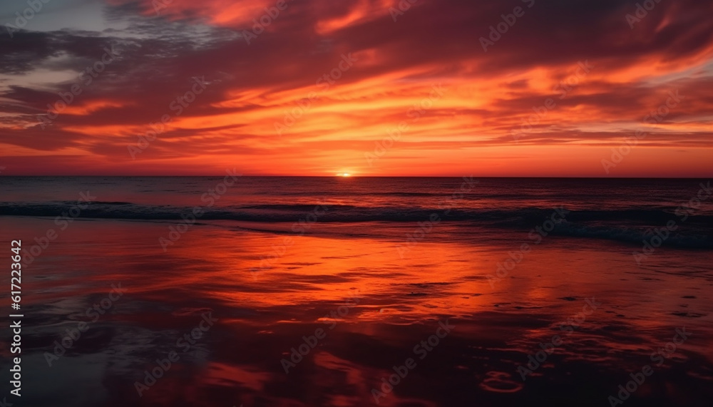 Tranquil sunset over water, reflecting dramatic sky and vibrant colors generated by AI