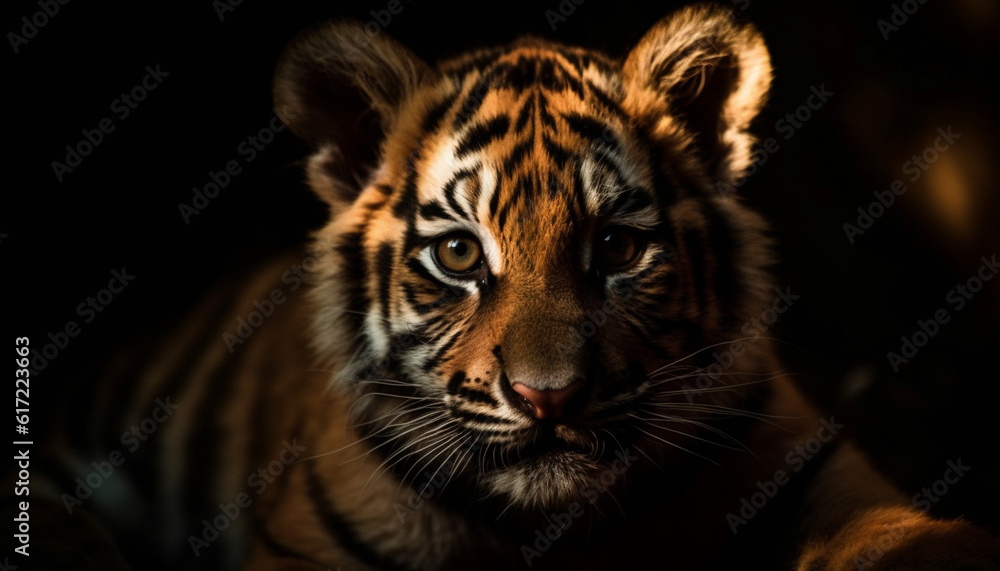 Close up of majestic Bengal tiger, staring with intense animal eyes generated by AI