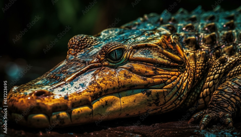 Obraz premium Spectacled caiman, dangerous reptile with sharp teeth in tropical forest generated by AI