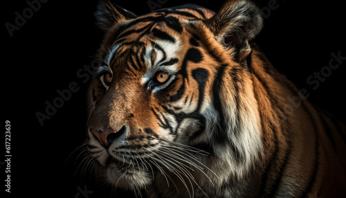 Majestic Bengal tiger staring with aggression in tropical rainforest generated by AI © djvstock